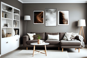 Brown carpet between white cupboard and sofa in gray living room interior with posters. 3d rendering