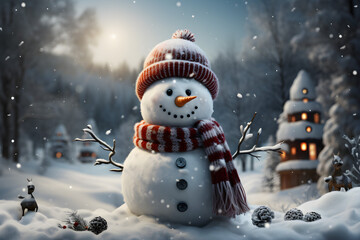 Obraz premium Merry Christmas with happy snowman