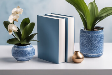 hard cover book design mockup photograph ;blue and white color shaded cover page design template for a story book; creative product display with plants
