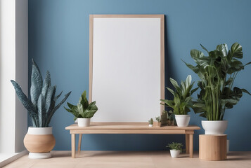 Empty picture frame mockup on a wooden table; decorated by creative arrangement of houseplants in vases 