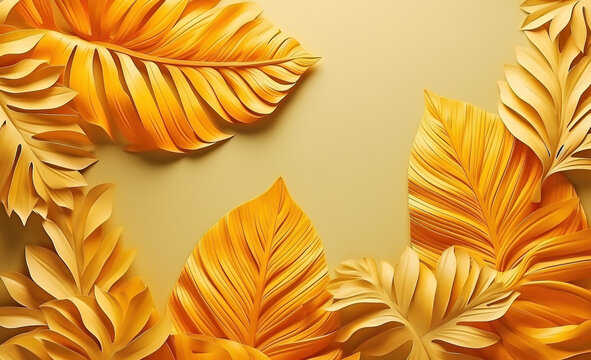 Colorful Tropical leaves in a bright coloured pattern on a yellow background