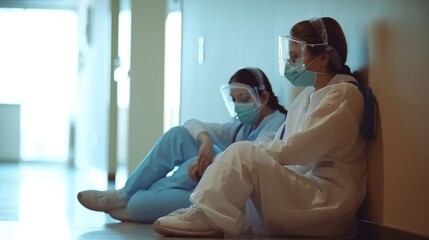Obraz premium Sad, Two doctors sit in corridor of medical facility, Medical error during operations concept.
