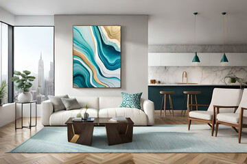 Marble abstract acrylic painting in the interior of the room. Marbling artwork texture.