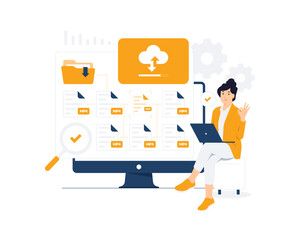 Document management, file transferring, cloud computing, yellow folder, explorer, share, Uploading, online digital file storage system. Woman uses magnifying glass searching concept illustration