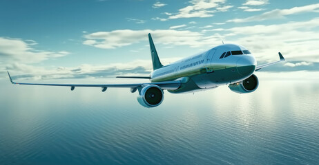 The plane flies over the blue surface of the sea, Transport concept. - obrazy, fototapety, plakaty