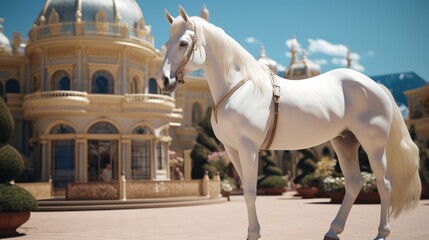 White horse with shiny fur standing outside a large mansion in sunny day.