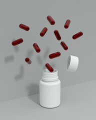 3D design of white bottle and floating capsule