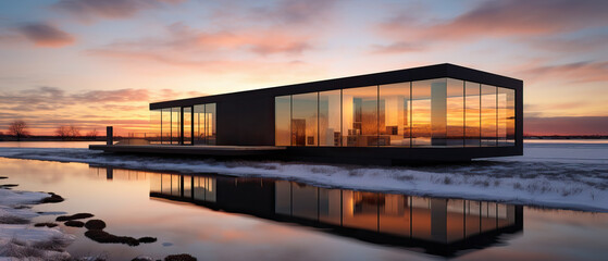 Obraz premium Modern glass house by calm waters at dusk, snowy mountain backdrop; golden sunset casts a warm reflection, with tufts of grass piercing snowy foreground.