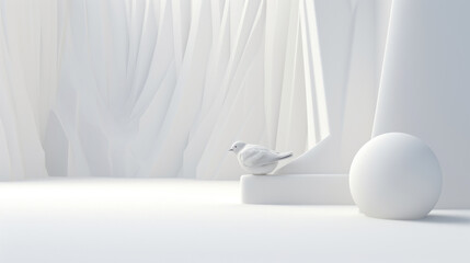 White bird and sphere near abstract wall for mockup. AI Generation 