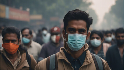 People wearing mask due to air pollution in Delhi, India. - obrazy, fototapety, plakaty