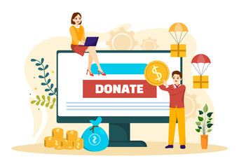 Fundraising Charity and Donation Vector Illustration with Volunteers Putting Coins or Money in Donation Box in Financial Support Cartoon Background