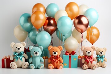 Teddy bears with gift boxes and balloons on white background, 3d rendering
