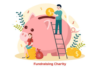Fundraising Charity and Donation Vector Illustration with Volunteers Putting Coins or Money in Donation Box in Financial Support Cartoon Background
