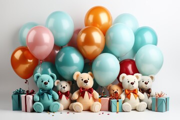 Obraz na płótnie Canvas Cute teddy bears with gifts and balloons on white background, closeup