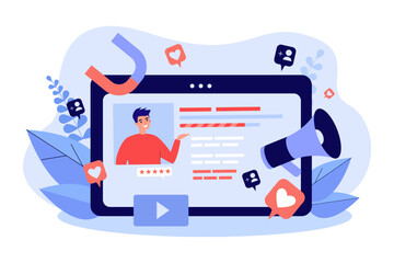 Advertisement placements on social media vector illustration. Smartphone or tablet with user profile on screen, like icons and megaphone sharing ads. Advertising campaign, social media concept