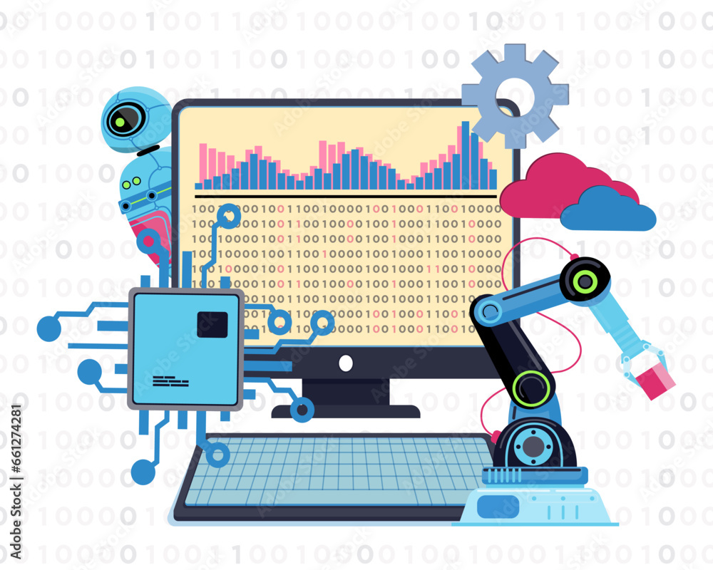 Poster modern technology and digital gears vector illustration. binary code on computer screen, robotic arm