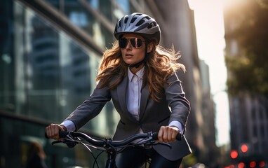 Businesswoman in suit and helmet riding bicycle in city