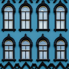 Seamless pattern texture of a blue facade with windows with a semicircular top in black frames. AI Generation 