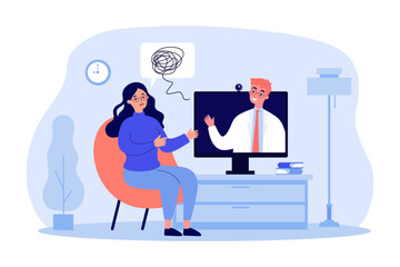 Confused woman at online therapy session vector illustration. Drawing of sad girl consulting psychologist via computer or video call. Mental health, psychology, communication, technology concept