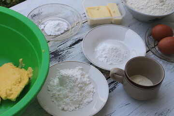 Ingredients for making Indonesian cakes called kastangel on the table