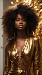 beautiful afro model girl in a golden dress