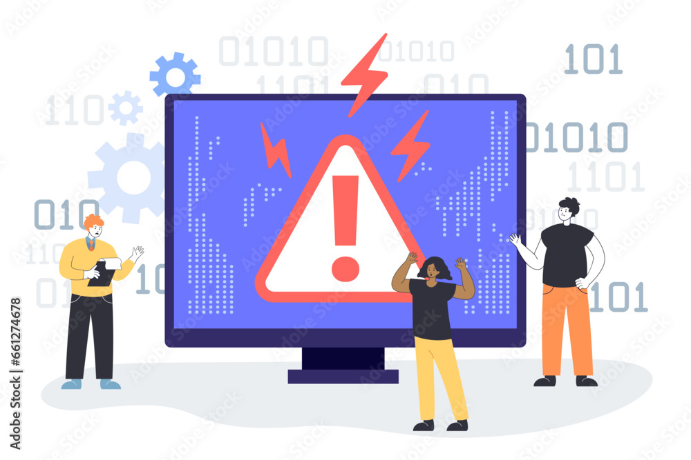 Poster tiny programmers next to screen with error vector illustration. cartoon drawing of monitor with warn