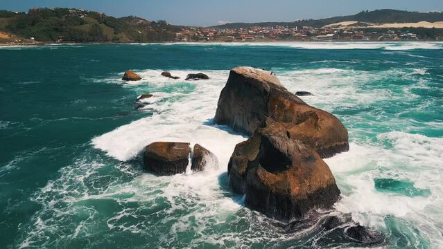 Aerial view of the Brazilian coastline with rough Atlantic Ocean