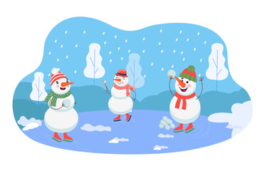 Fototapeta premium Happy snowmen playing outdoors vector illustration. Cartoon snow characters in warm clothes ice skating, playing with snowballs, enjoying holidays. Winter activities, Christmas concept