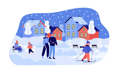 Obraz na płótnie Canvas Snowy evening cityscape with happy people vector illustration. Couple walking with kids, girl skiing in park, houses covered in snow in background. Winter activities, Christmas concept
