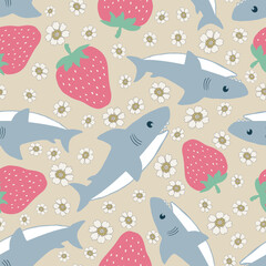 Shark strawberry and flower childish seamless pattern