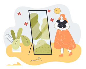Girl seeing reflection of forest in mirror vector illustration. Cartoon drawing of narcissist seeing beauty of nature in mirror. Nature, narcissism, inner peace concept