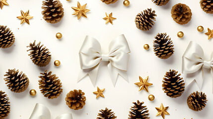 Obraz premium minimalistic vector pattern with snow-covered pinecones, holly leaves, and festive bows, perfect for adding a touch of Christmas elegance to your designs. 