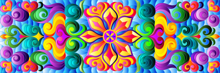Illustration in stained glass style with abstract  swirls,flowers and leaves  on a blue background,horizontal orientation