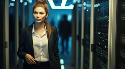 Confident woman engineer working in data center, Data Protection Network for Cyber Security.