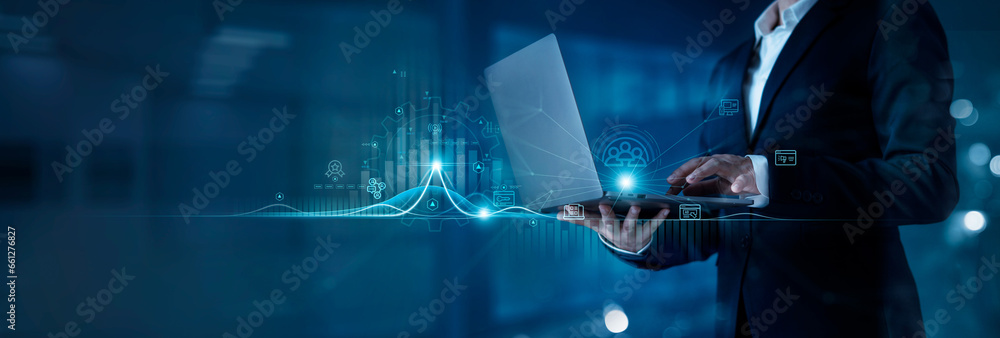 Poster digital marketing, businessman data analysis with economic growth chart, business development target