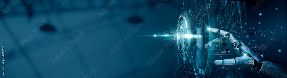 Poster AI, Machine learning, Hand of robot touching on big data network connection background, Science and artificial intelligence technology, innovation of futuristic.
