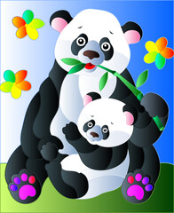 An illustration in the style of a stained glass window with a panda with a bear cub on a background of leaves, flowers and a blue sky