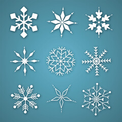 Fototapeta na wymiar Set of snowflake elements . Vector set of white isolated snowflake winter silhouette on blue background.