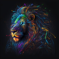 An abstract neon design of a glowing, abstract lion