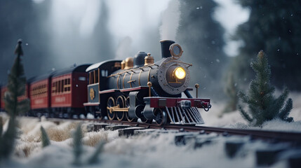 Naklejka premium Steam train in winter forest, christmas concept.