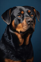Obraz premium Rottweiler Dog Portrait on Dark Blue Background for Magazine - Created with Generative AI Tools