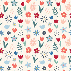 Flowers and Leaves objects and shapes seamless pattern. Simple Abstract hand drawn various shapes and doodles. Contemporary art modern trendy texture. Vector botanical illustration.