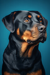 Obraz premium Rottweiler Dog Portrait on Dark Blue Background for Magazine - Created with Generative AI Tools