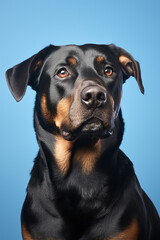 Fototapeta premium Rottweiler Dog Portrait on Dark Blue Background for Magazine - Created with Generative AI Tools