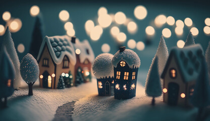 Whimsical Christmas background with toys and gingerbread houses.  - obrazy, fototapety, plakaty