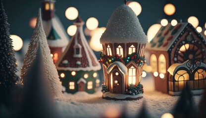 Fototapeta na wymiar Whimsical Christmas background with toys and gingerbread houses. 