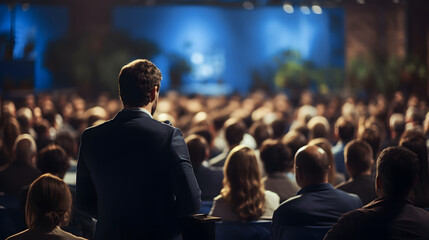 A man is giving a speech on stage during a seminar bussines. Business and entrepreneurship symposium.  Audience in the conference hall A lot of people in the blurred background - obrazy, fototapety, plakaty