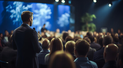 A man is giving a speech on stage during a seminar bussines. Business and entrepreneurship symposium.  Audience in the conference hall A lot of people in the blurred background - obrazy, fototapety, plakaty