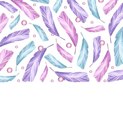 Fototapeta na wymiar Purple, pink, green feathers. Elegant background. Watercolor illustration of flying feathers. For design of card, banner, textile