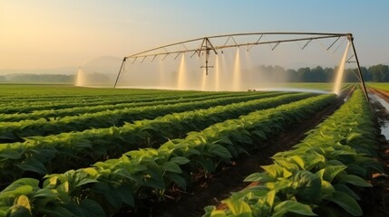 Irrigation system watering agricultural fields. - obrazy, fototapety, plakaty